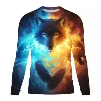 Мужская круглая горловина с длинными рукавами и цифровым принтом животных и волков, модная спортивная рубашка, повседневная рубашка S