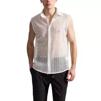 Мужская кружевная рубашка без рукавов для ночного клуба, диско-рубашка S белый