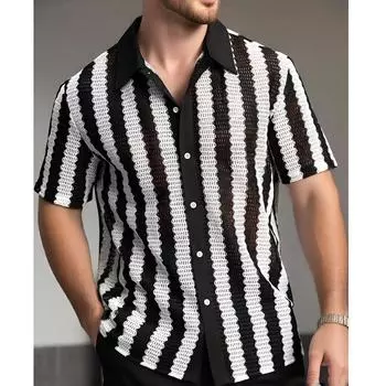 Мужская кружевная рубашка с коротким рукавом и прозрачными пуговицами, праздничный повседневный ажурный топ L чёрный