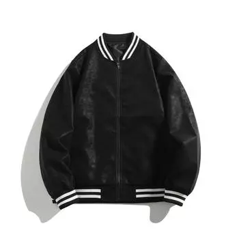 Мужская куртка, бейсбольная куртка, универсальная свободная американская повседневная кожаная куртка, мужская рабочая куртка XXXL чёрный