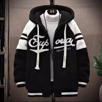 Мужская куртка больших размеров из хлопкового овечьего флиса с капюшоном и застежкой-молнией 4XL