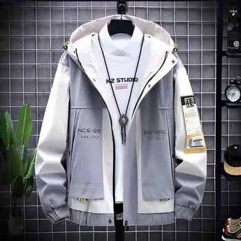 Мужская куртка больших размеров с капюшоном и прямым подолом в цветных блоках 8XL