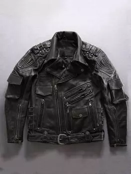 Мужская куртка для мотоцикла из натуральной кожи в стиле панк, с несколькими карманами, отложным воротником на молнии, приталенная куртка из натуральной коровьей кожи для мужчин 4XL чёрный