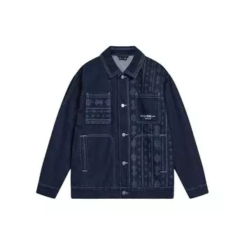 Мужская куртка из денима Li Ning Sports Lifestyle Series с принтом и свободным воротником, которую можно стирать, джинсовая куртка, синяя AJDT365-1 M