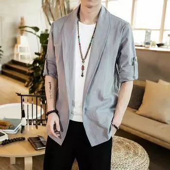 Мужская куртка из хлопка и льна с длинными рукавами, большой размер, льняная куртка, мужской свободный халат на весну и осень M чёрный