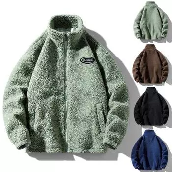 Мужская куртка из искусственного шерпа осень-зима толстая теплая воротник-стойка с карманом на молнии и длинными рукавами повседневное свободное однотонное мужское повседневное пальто XL чёрный