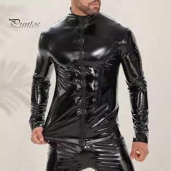 Мужская куртка из искусственной кожи, гладкая глянцевая однотонная воротник-стойка, застежка-молния, эластичная застежка-молния с длинным рукавом, средней длины для вечеринок, выступлений в ночном клубе XL чёрный