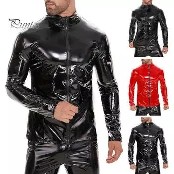 Мужская куртка из искусственной кожи, гладкая глянцевая однотонная воротник-стойка, застежка-молния, эластичная застежка-молния с длинным рукавом, средней длины для вечеринок, выступлений в ночном клубе S красный