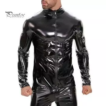 Мужская куртка из искусственной кожи, гладкая глянцевая однотонная воротник-стойка, застежка-молния, эластичная застежка-молния с длинным рукавом, средней длины для вечеринок, выступлений в ночном клубе M чёрный