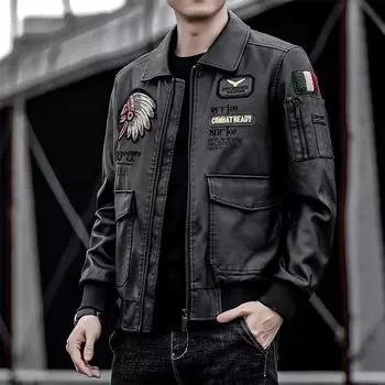 Мужская куртка из искусственной кожи, мужская мотоциклетная куртка с вышивкой на лацканах, мужская повседневная модная кожаная куртка на весну и осень M