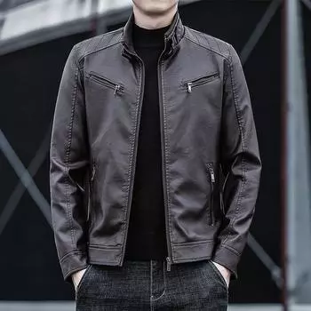 Мужская куртка из искусственной кожи, мужская, весна-осень, корейский стиль, повседневная, мужская, воротник-стойка, тонкая, мотоциклетная, кожаная куртка, куртка из искусственной кожи, мужская, молодежная тенденция M