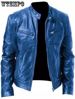 Мужская куртка из искусственной кожи на молнии, воротник-стойка, кожаная мотоциклетная куртка, легкая куртка-бомбер, верхняя одежда, пальто из искусственной кожи S королевский синий