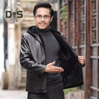 Мужская куртка из искусственной кожи с бархатной подкладкой, капюшоном, завязками на шнурке, длинными рукавами, карманами на молнии, однотонная куртка, пальто L чёрный