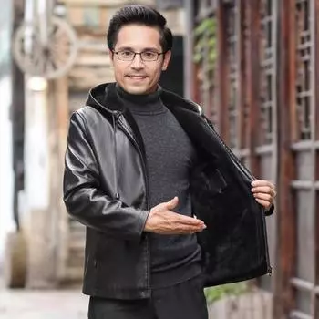 Мужская куртка из искусственной кожи с бархатной подкладкой, капюшоном, завязками на шнурке, длинными рукавами, карманами на молнии, однотонная куртка, пальто L чёрный