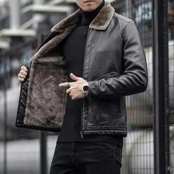 Мужская куртка из искусственной кожи с бархатной подкладкой, отворотом, длинным рукавом, застежкой-молнией, однотонная L жёлтый