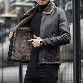 Мужская куртка из искусственной кожи с бархатной подкладкой, лацканами, длинными рукавами, застежкой-молнией, однотонное осенне-зимнее пальто L жёлтый