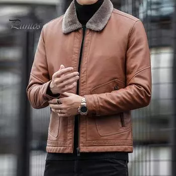 Мужская куртка из искусственной кожи с бархатной подкладкой, лацканами, длинными рукавами, застежкой-молнией, однотонное осенне-зимнее пальто L чёрный