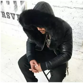 Мужская куртка из искусственной кожи с капюшоном и встроенным меховым воротником M чёрный