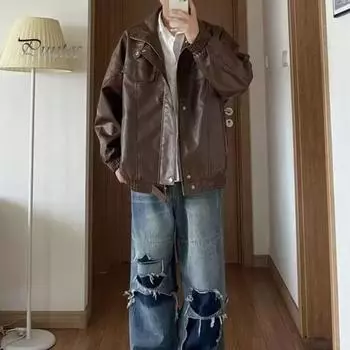 Мужская куртка из искусственной кожи с лацканами, длинными рукавами, карманами-клапанами, однотонное пальто с пуговицами, свободный крой, верхняя одежда на каждый день M чёрный