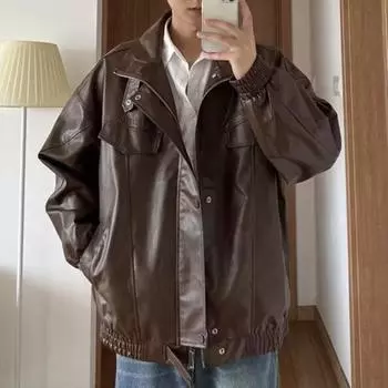 Мужская куртка из искусственной кожи с лацканами, длинными рукавами, карманами-клапанами, однотонное пальто с пуговицами, свободный крой, верхняя одежда на каждый день M коричневый