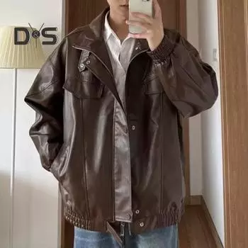 Мужская куртка из искусственной кожи с лацканами, длинными рукавами, карманами-клапанами, однотонное пальто с пуговицами, свободный крой, верхняя одежда на каждый день M чёрный