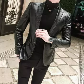 Мужская куртка из искусственной кожи с татуировкой змеиной кожи, пальто, деловая повседневная куртка со змеиной кожей, тонкий костюм, пиджак, куртки, черная мужская одежда 4XL