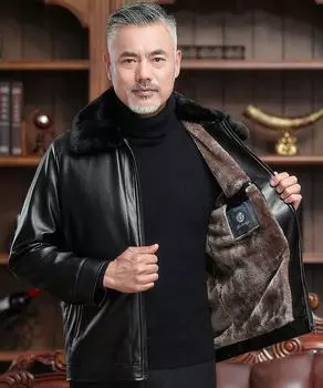 Мужская куртка из искусственной кожи с толстым плюшевым воротником, осенне-зимняя, ветрозащитная куртка для отдыха на природе, подарок на День отца XXXL чёрный