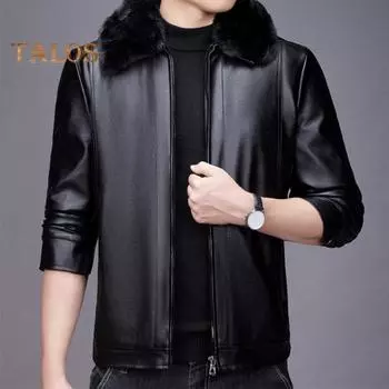 Мужская куртка из искусственной кожи со съемным меховым воротником, приталенная, застежка-молния, однотонная куртка, пальто с карманами, плюшевая подкладка, зимнее пальто M чёрный