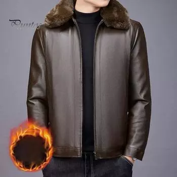 Мужская куртка из искусственной кожи со съемным меховым воротником, приталенная, застежка-молния, однотонная куртка, пальто с карманами, плюшевая подкладка, зимнее пальто M чёрный