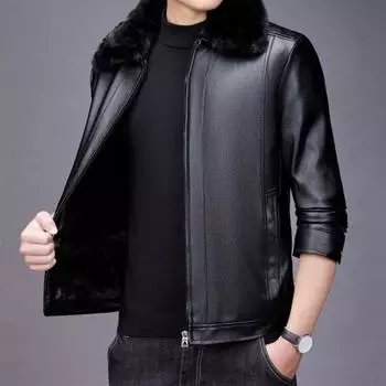Мужская куртка из искусственной кожи со съемным меховым воротником, облегающая, на молнии, однотонная M кофейный