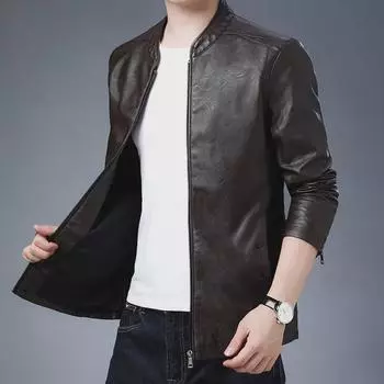 Мужская куртка из искусственной кожи в корейском стиле с воротником-стойкой - модный повседневный мотоциклетный дизайн на осень/зиму XXXXL вино красного
