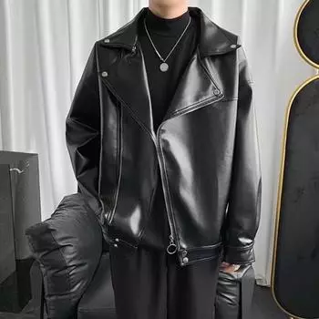 Мужская куртка из искусственной кожи в стиле мотоцикла, однотонная, свободного кроя, пальто с лацканами, длинным рукавом, застежкой-молнией, верхняя одежда M чёрный