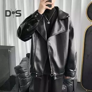 Мужская куртка из искусственной кожи в стиле мотоцикла, однотонная, свободного кроя, пальто с лацканами, длинным рукавом, застежкой-молнией, верхняя одежда L чёрный