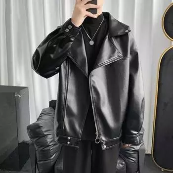 Мужская куртка из искусственной кожи в стиле мотоцикла, однотонная, свободного кроя, пальто с лацканами, длинным рукавом, застежкой-молнией, верхняя одежда L чёрный
