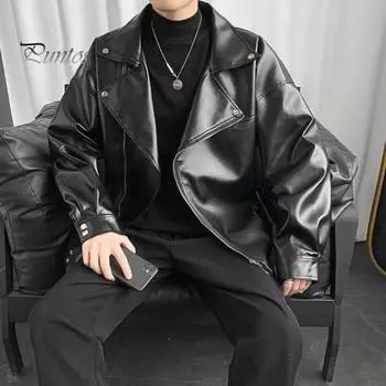 Мужская куртка из искусственной кожи в стиле мотоцикла, однотонная, свободного кроя, пальто с лацканами, длинным рукавом, застежкой-молнией, верхняя одежда L чёрный