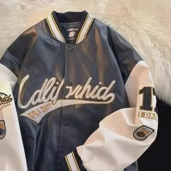 Мужская куртка из искусственной кожи в стиле хип-хоп с вышивкой в стиле ретро — цветные блоки в бейсбольном стиле чёрный