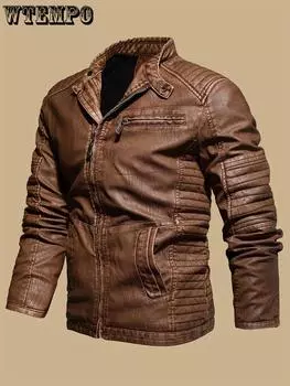 Мужская куртка из искусственной кожи в винтажном стиле — ветрозащитная, теплая, с флисовой подкладкой, с множеством карманов для езды на мотоцикле и повседневной носки M