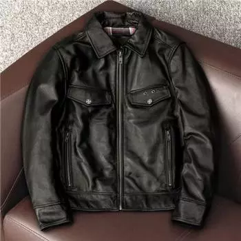 Мужская куртка из коровьей кожи первого слоя с лацканами, куртка из натуральной кожи, мужская куртка в мотоциклетном стиле с короткими лацканами из кожи S