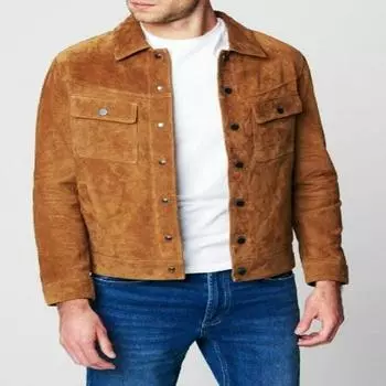 мужская куртка из кожи ягненка цвета замши | замшевая рубашка в джинсовом стиле | Ковбойская замшевая куртка с нагрудным карманом | Знаменитая замшевая рубашка XS дубильная кора