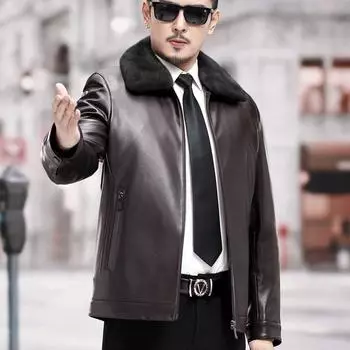 Мужская куртка из натуральной кожи для папы среднего возраста со съемной подкладкой, кожаная куртка с меховым воротником из норки M