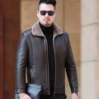 Мужская куртка из натуральной кожи из овчины. Одежда для отца, кожаная и меховая интегрированная плюшевая кожаная куртка для мужской куртки из натуральной кожи. 6XL