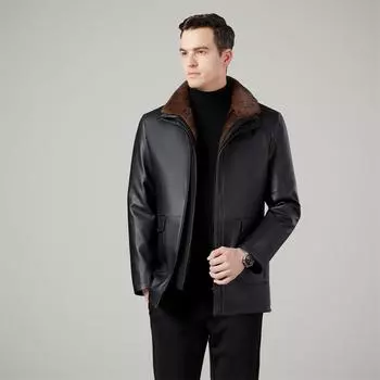 Мужская куртка из натуральной кожи, мужская зимняя куртка из утолщенного бархата среднего возраста со съемной подкладкой, для холодной погоды, теплая куртка 170