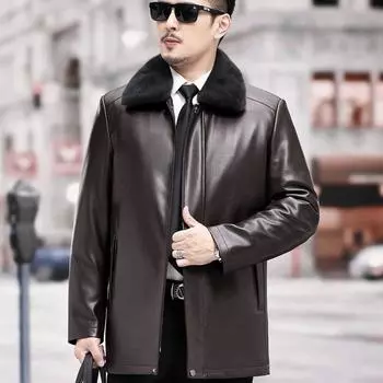Мужская куртка из натуральной кожи, мужское пальто среднего возраста с мехом, повседневное, средней и длинной длины M