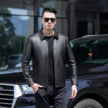 Мужская куртка из натуральной кожи на весну и осень, куртка из коровьей кожи первого слоя, однотонная куртка с лацканами, деловой наряд для папы среднего возраста, большой размер 170