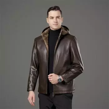 Мужская куртка из натуральной кожи осень-зима новый стиль средний возраст повседневный с капюшоном темперамент ветрозащитный плюс бархат кожаная куртка M