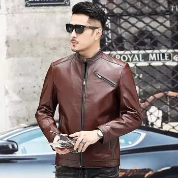 Мужская куртка из натуральной кожи первого слоя из коровьей кожи, новая короткая повседневная куртка для мотоциклистов с воротником-стойкой для молодежи и людей среднего возраста M