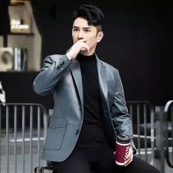 Мужская куртка из натуральной кожи, первый слой телячьей кожи, осенне-зимний новый костюмный воротник, молодежная кожаная куртка, пиджак, тренд L