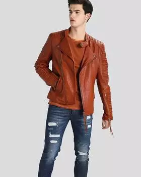 Мужская куртка из натуральной кожи ягненка TAN ручной работы, стильная байкерская одежда для мотоциклистов XS дубильная кора