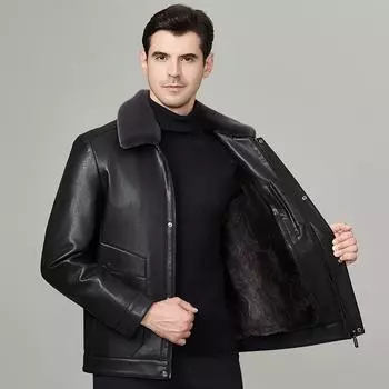 Мужская куртка из натуральной кожи с бархатом и утолщением, мужская теплая кожаная куртка среднего и пожилого возраста на меху в одном с лацканами для папы XXXXXL чёрный