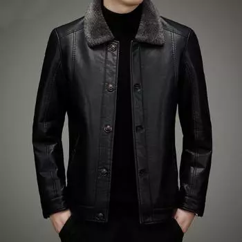 Мужская куртка из натуральной кожи с бархатом и утолщенным зимним мехом, универсальная мужская кожаная куртка на пуговицах для пап среднего возраста с пальто с лацканами M